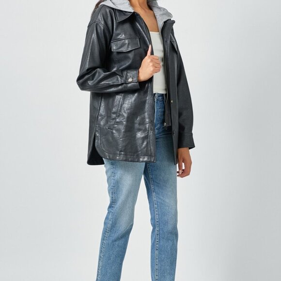 MYSTREE TWOFER HOODIE FAUX LEATHER JACKET - Picture 5 of 8